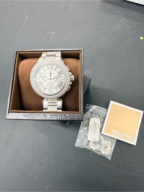 Michael Kors Men’s Silver Crystal-Embellished Chronograph Bracelet Watch